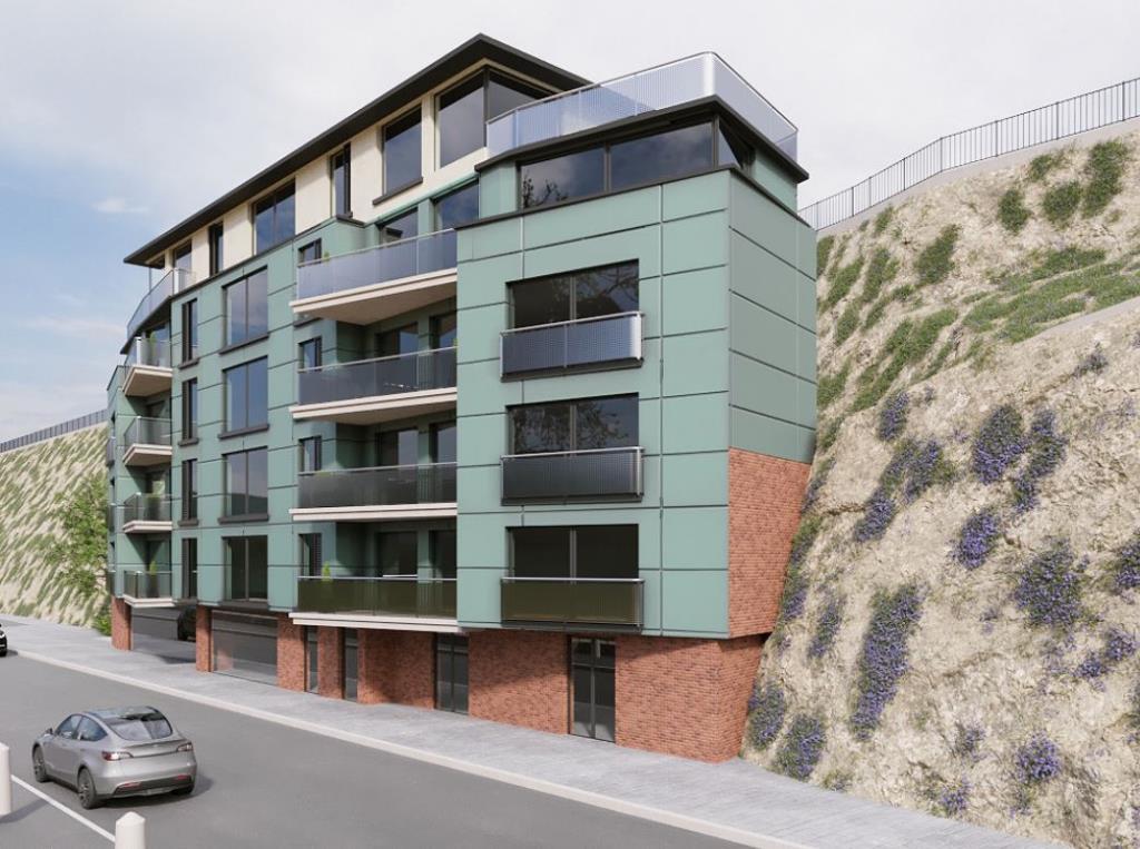 Lot: 33 - PLANNING FOR THIRTEEN SEAFRONT FLATS WITH BALCONIES AND SEA VIEWS WITH GROUND FLOOR CAFÉ - Proposed elevation from right side